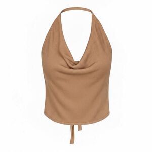 New Aya Muse Cinnabar Knit Tied Draped Halter Crop Top XS Light Brown